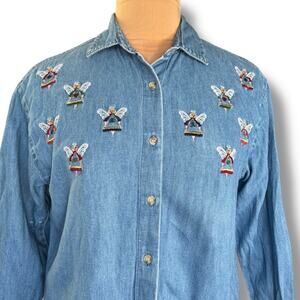 90s Chambray Denim Shirt Folk Art Embroidered Festive Angels Christmas Top Med